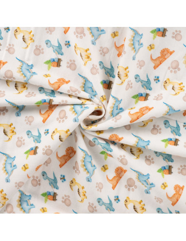 Tissu, Flanelle de Coton Imprimée Dinosaures, Multicolore sur Blanc Cassé, Laize 150 cm, 100% Coton 150g/m²
