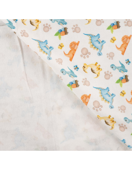 Tissu, Flanelle de Coton Imprimée Dinosaures, Multicolore sur Blanc Cassé, Laize 150 cm, 100% Coton 150g/m²