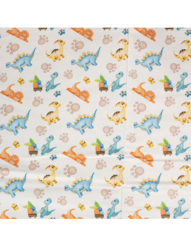 Tissu, Flanelle de Coton Imprimée Dinosaures, Multicolore sur Blanc Cassé, Laize 150 cm, 100% Coton 150g/m²