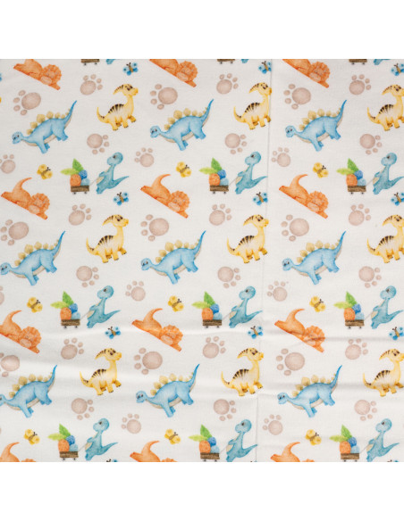Tissu, Flanelle de Coton Imprimée Dinosaures, Multicolore sur Blanc Cassé, Laize 150 cm, 100% Coton 150g/m²
