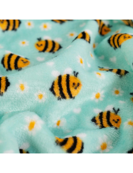 Tissu, Polaire Doudou Motif Abeilles, Vert d'Eau Imprimé, Laize 150 cm, 100% Polyester 260g/m²