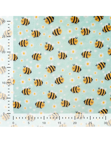Tissu, Polaire Doudou Motif Abeilles, Vert d'Eau Imprimé, Laize 150 cm, 100% Polyester 260g/m²