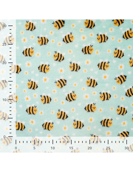 Tissu, Polaire Doudou Motif Abeilles, Vert d'Eau Imprimé, Laize 150 cm, 100% Polyester 260g/m²