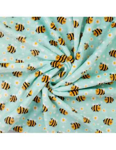 Tissu, Polaire Doudou Motif Abeilles, Vert d'Eau Imprimé, Laize 150 cm, 100% Polyester 260g/m²