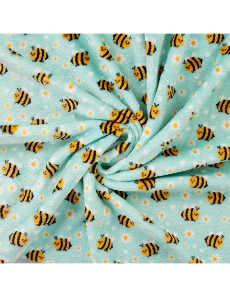 Tissu, Polaire Doudou Motif Abeilles, Vert d'Eau Imprimé, Laize 150 cm, 100% Polyester 260g/m²