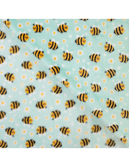 Tissu, Polaire Doudou Motif Abeilles, Vert d'Eau Imprimé, Laize 150 cm, 100% Polyester 260g/m²
