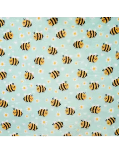 Tissu, Polaire Doudou Motif Abeilles, Vert d'Eau Imprimé, Laize 150 cm, 100% Polyester 260g/m²