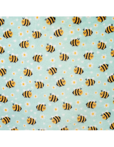 Tissu, Polaire Doudou Motif Abeilles, Vert d'Eau Imprimé, Laize 150 cm, 100% Polyester 260g/m²