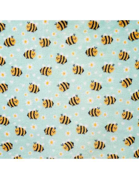 Tissu, Polaire Doudou Motif Abeilles, Vert d'Eau Imprimé, Laize 150 cm, 100% Polyester 260g/m²