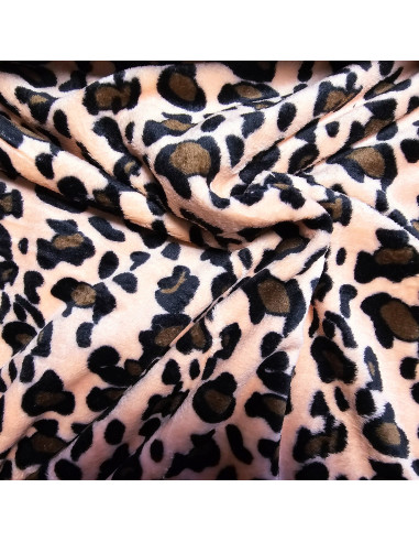 Tissu, Polaire Doudou Léopard, Rose Saumon, Laize 150 cm, 100% Polyester 260g/m²