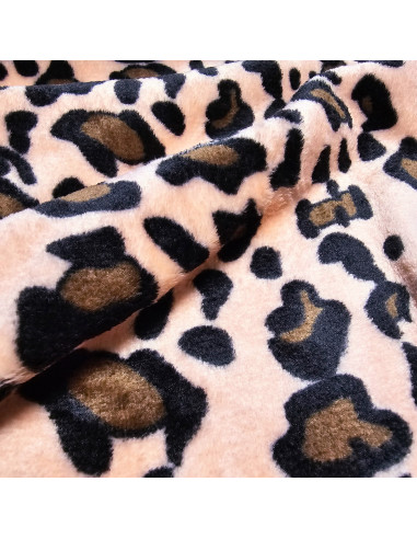 Tissu, Polaire Doudou Léopard, Rose Saumon, Laize 150 cm, 100% Polyester 260g/m²