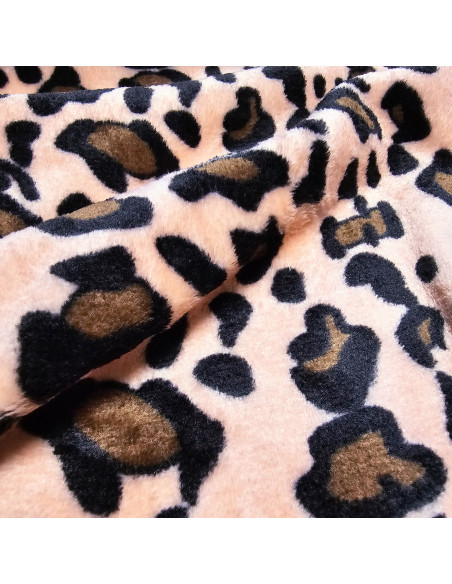 Tissu, Polaire Doudou Léopard, Rose Saumon, Laize 150 cm, 100% Polyester 260g/m²