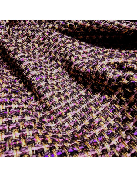Tissu, Lainage Façon Chanel Texturé, Rose Mauve et Noir, Laize 140 cm, Laine Vierge & Mélange