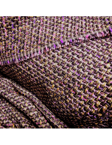 Tissu, Lainage Façon Chanel Texturé, Rose Mauve et Noir, Laize 140 cm, Laine Vierge & Mélange