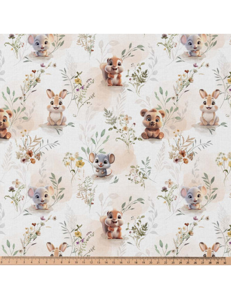 Tissu, Popeline de Coton Petits Animaux, Multicolore sur Fond Clair, Laize 150 cm, 100% Coton 115g/m²