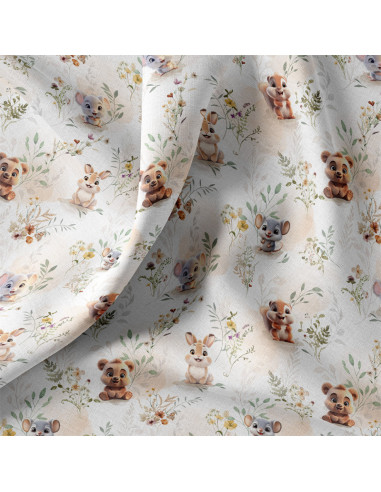 Tissu, Popeline de Coton Petits Animaux, Multicolore sur Fond Clair, Laize 150 cm, 100% Coton 115g/m²
