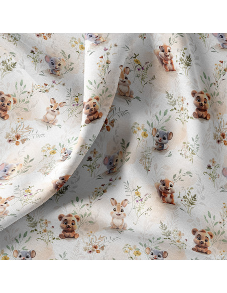 Tissu, Popeline de Coton Petits Animaux, Multicolore sur Fond Clair, Laize 150 cm, 100% Coton 115g/m²