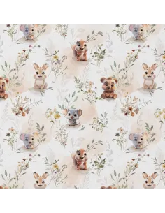 Tissu, Popeline de Coton Petits Animaux, Multicolore sur Fond Clair, Laize 150 cm, 100% Coton 115g/m²
