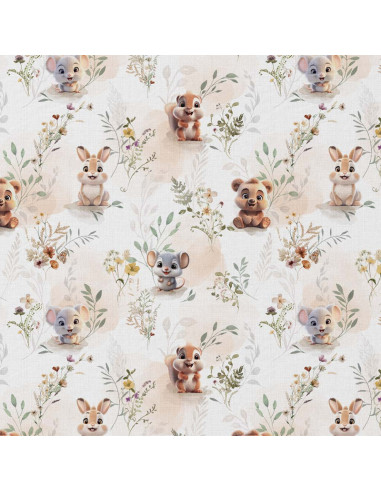Tissu, Popeline de Coton Petits Animaux, Multicolore sur Fond Clair, Laize 150 cm, 100% Coton 115g/m²