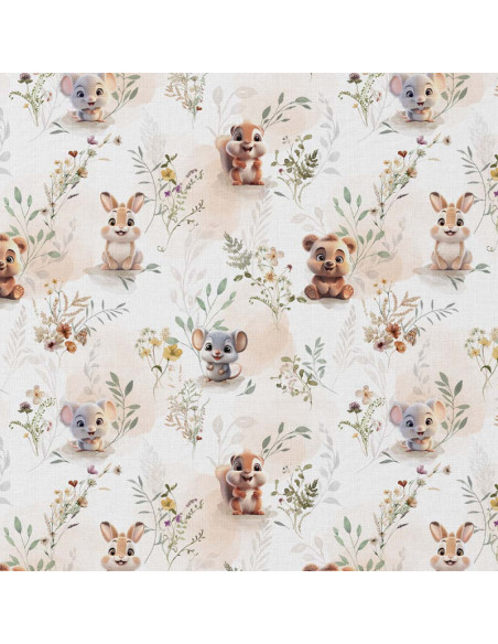Tissu, Popeline de Coton Petits Animaux, Multicolore sur Fond Clair, Laize 150 cm, 100% Coton 115g/m²