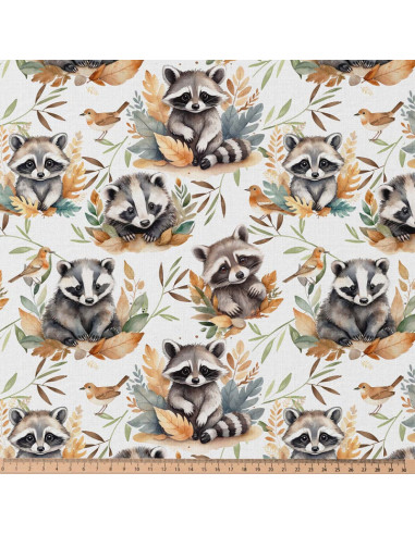 Popeline de coton, impression digitale, blaireaux mignons