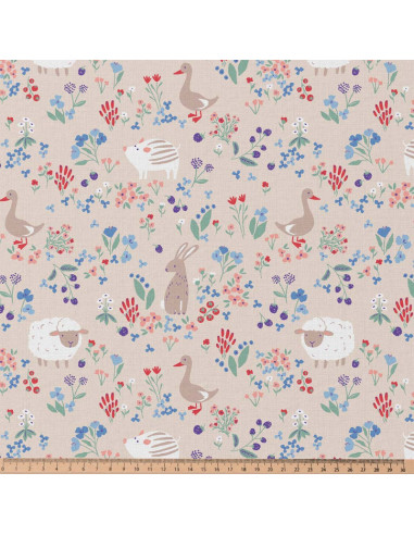 Tissu, Cretonne de Coton Animaux de la Ferme, Multicolore sur Beige, Laize 150 cm, 100% Coton 115g/m²