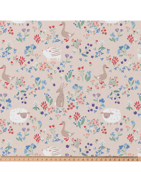 Tissu, Cretonne de Coton Animaux de la Ferme, Multicolore sur Beige, Laize 150 cm, 100% Coton 115g/m²