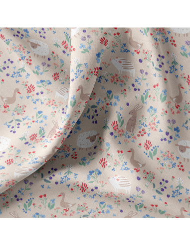 Tissu, Cretonne de Coton Animaux de la Ferme, Multicolore sur Beige, Laize 150 cm, 100% Coton 115g/m²