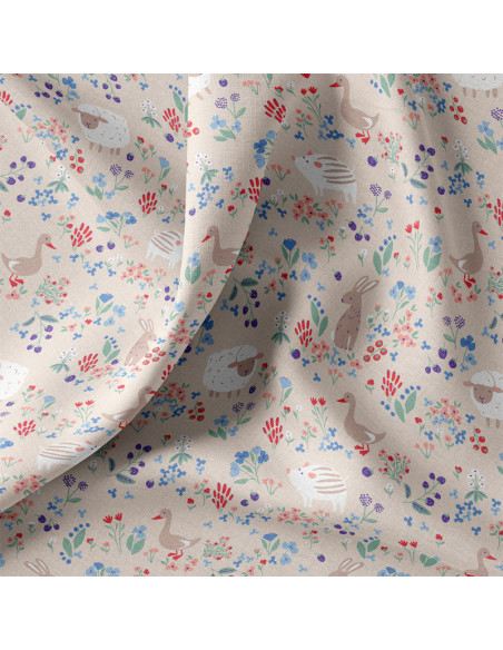 Tissu, Cretonne de Coton Animaux de la Ferme, Multicolore sur Beige, Laize 150 cm, 100% Coton 115g/m²