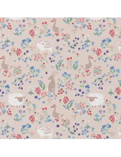 Tissu, Cretonne de Coton Animaux de la Ferme, Multicolore sur Beige, Laize 150 cm, 100% Coton 115g/m²