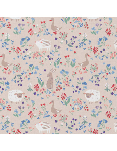 Tissu, Cretonne de Coton Animaux de la Ferme, Multicolore sur Beige, Laize 150 cm, 100% Coton 115g/m²
