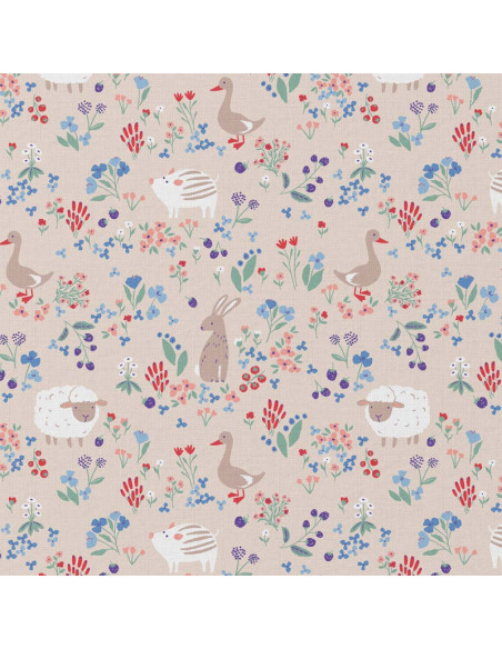 Tissu, Cretonne de Coton Animaux de la Ferme, Multicolore sur Beige, Laize 150 cm, 100% Coton 115g/m²