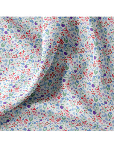 Tissu, Cretonne de Coton Fleurs Champêtres, Multicolore sur Fond Crème, Laize 150 cm, 100% Coton 115g/m²