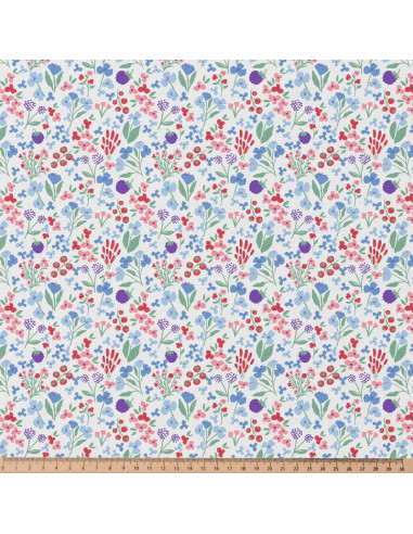 Tissu, Cretonne de Coton Fleurs Champêtres, Multicolore sur Fond Crème, Laize 150 cm, 100% Coton 115g/m²