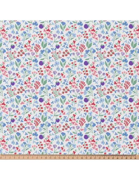Tissu, Cretonne de Coton Fleurs Champêtres, Multicolore sur Fond Crème, Laize 150 cm, 100% Coton 115g/m²