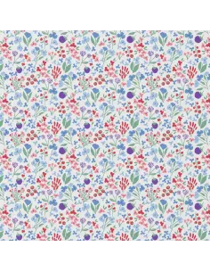 Tissu, Cretonne de Coton Fleurs Champêtres, Multicolore sur Fond Crème, Laize 150 cm, 100% Coton 115g/m²