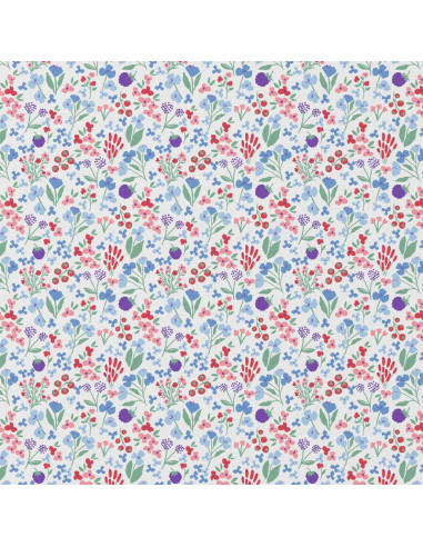 Tissu, Cretonne de Coton Fleurs Champêtres, Multicolore sur Fond Crème, Laize 150 cm, 100% Coton 115g/m²