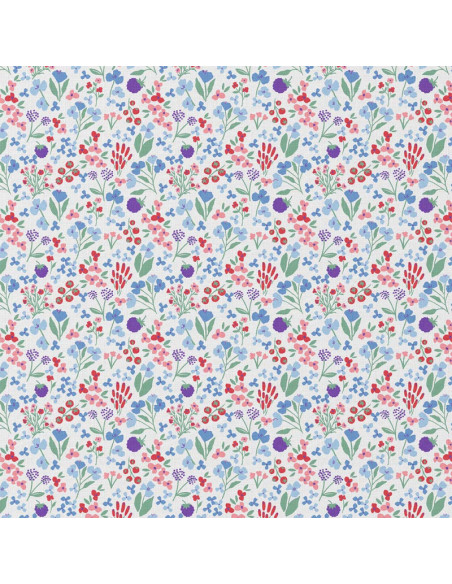 Tissu, Cretonne de Coton Fleurs Champêtres, Multicolore sur Fond Crème, Laize 150 cm, 100% Coton 115g/m²