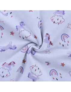 Tissu, Sweat Envers Fourrure Licornes & Arc-en-ciel, Mauve, Laize 150 cm, 56% Polyester 40% Coton 4% Élasthanne 330g/m² 2