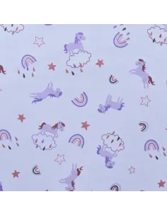 Tissu, Sweat Envers Fourrure Licornes & Arc-en-ciel, Mauve, Laize 150 cm, 56% Polyester 40% Coton 4% Élasthanne 330g/m²