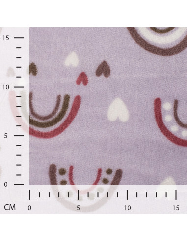 Tissu, Polaire Doudou, Arc-en-ciel & Cœurs Mauve Pastel, Laize 150 cm, 100% Polyester 300g/m²