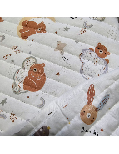 Matelassé coton, double face piqures verticales, coton, oursons et lapins