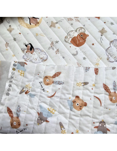 Tissu, Matelassé Oursons & Lapins Réversible, Blanc Imprimé, Laize 150 cm, 100% Coton (extérieur) 310g/m²