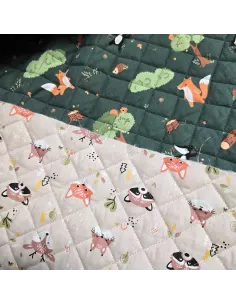 Tissu, Matelassé Réversible Motif Renards, Beige & Vert Sapin, Laize 150 cm, 100% Coton Oeko-Tex