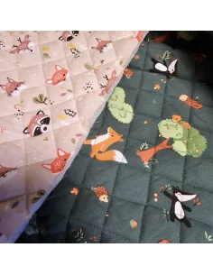 Tissu, Matelassé Réversible Motif Renards, Beige & Vert Sapin, Laize 150 cm, 100% Coton Oeko-Tex 2