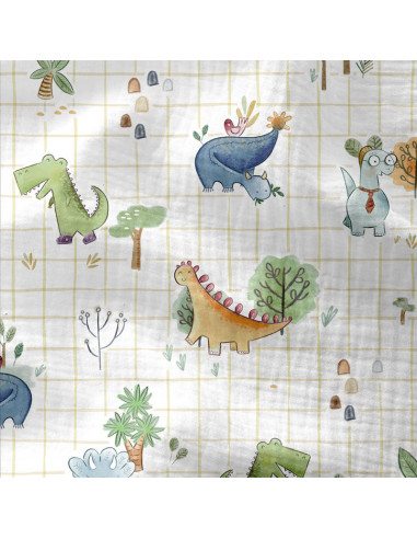 Tissu, Double Gaze Dinosaures, Multicolore, Laize 130 cm, 100% Coton 125g/m²