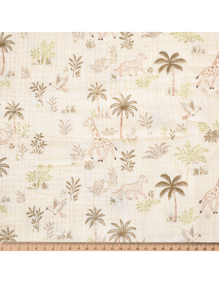 Tissu, Double Gaze de Coton, Motifs Savane Multicolore, Laize 130 cm, 100% Coton 125g/m²