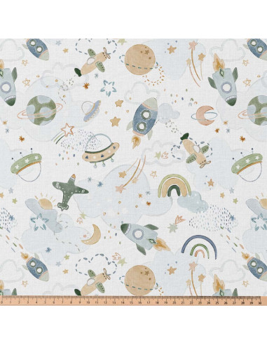 Tissu, Popeline de Coton, Motif Espace Multicolore, Laize 150 cm, 100% Coton 115g/m²
