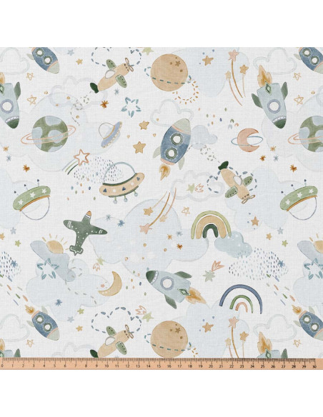 Tissu, Popeline de Coton, Motif Espace Multicolore, Laize 150 cm, 100% Coton 115g/m²