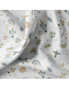 Tissu, Popeline de Coton, Motif Espace Multicolore, Laize 150 cm, 100% Coton 115g/m² 2